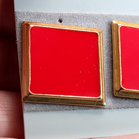 Red Square Stud Earrings with Gold Trim, Bold Retro Statement Jewelry for Women - Picture 4 of 10